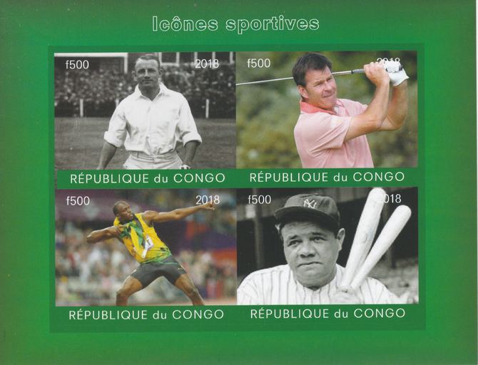 Congo 2018 Icons of Sport #2 (Bradman, Faldo, U Bolt & Babe Ruth) imperf sheetlet containing 4 values unmounted mint. Note this item is privately produced and is offered purely on its thematic appeal., stamps on , stamps on  stamps on personalities, stamps on  stamps on sport, stamps on  stamps on cricket, stamps on  stamps on golf, stamps on  stamps on athletics, stamps on  stamps on baseball