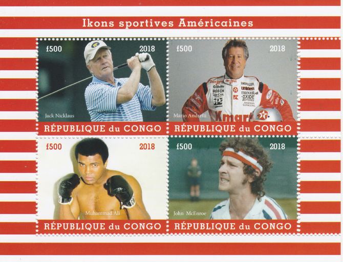 Congo 2018 Icons of American Sport #1 (Nicklaus,Andretti, M Ali & McEnroe) perf sheetlet containing 4 values unmounted mint. Note this item is privately produced and is offered purely on its thematic appeal., stamps on personalities, stamps on sport, stamps on golf, stamps on  f1 , stamps on  formula 1, stamps on boxing, stamps on tennis