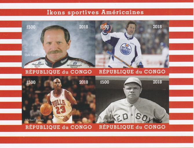 Congo 2018 Icons of American Sport #2 (NDale Earnhardt, Wayne Gretzky, M Jordan & Babe Ruth) imperf sheetlet containing 4 values unmounted mint. Note this item is private...