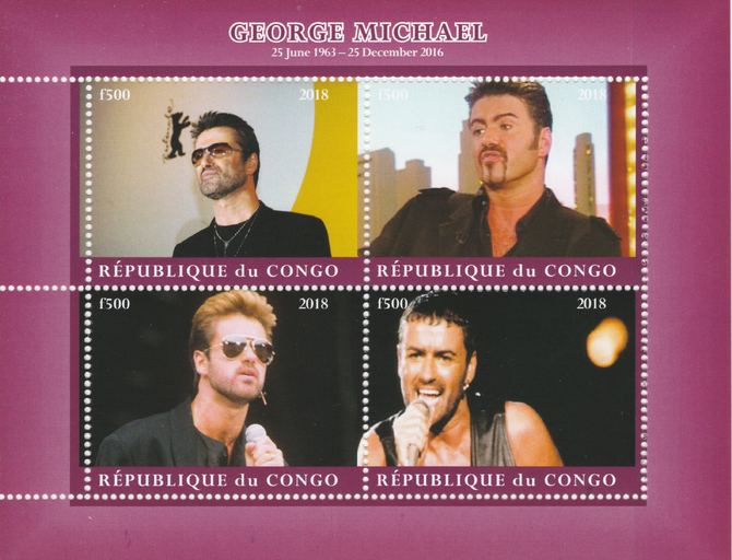 Congo 2018 George Michael #1 perf sheetlet containing 4 values unmounted mint. Note this item is privately produced and is offered purely on its thematic appeal., stamps on , stamps on  stamps on personalities, stamps on  stamps on music, stamps on  stamps on george michael, stamps on  stamps on rock, stamps on  stamps on pops, stamps on  stamps on rock