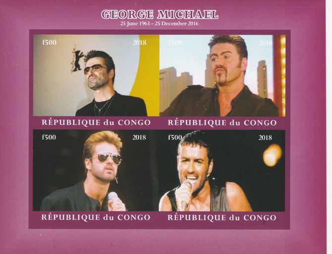 Congo 2018 George Michael #1 imperf sheetlet containing 4 values unmounted mint. Note this item is privately produced and is offered purely on its thematic appeal., stamps on personalities, stamps on music, stamps on george michael, stamps on rock, stamps on pops, stamps on rock