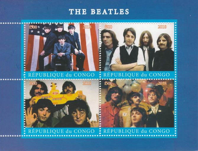 Congo 2018 The Beatles perf sheetlet containing 4 values unmounted mint. Note this item is privately produced and is offered purely on its thematic appeal., stamps on personalities, stamps on music, stamps on beatles, stamps on pops, stamps on rock