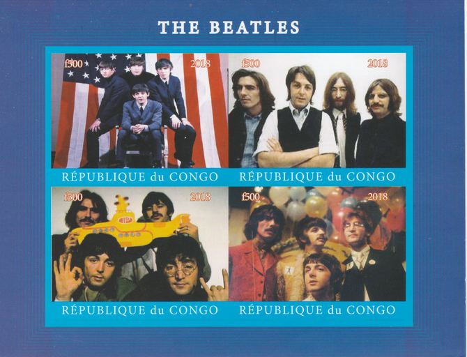 Congo 2018 The Beatles imperf sheetlet containing 4 values unmounted mint. Note this item is privately produced and is offered purely on its thematic appeal., stamps on , stamps on  stamps on personalities, stamps on  stamps on music, stamps on  stamps on beatles, stamps on  stamps on pops, stamps on  stamps on rock