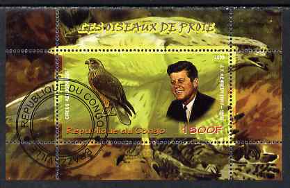 Congo 2009 John Kennedy & Marsh Harrier perf m/sheet fine cto used, stamps on personalities, stamps on kennedy, stamps on birds, stamps on birds of prey, stamps on usa presidents, stamps on americana