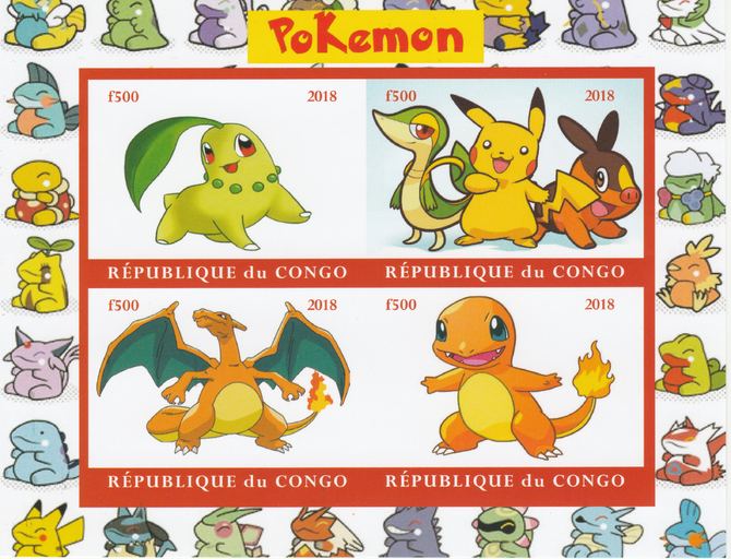 Congo 2018 Pokemon #1 imperf sheetlet containing 4 values unmounted mint. Note this item is privately produced and is offered purely on its thematic appeal., stamps on , stamps on  stamps on pokemon, stamps on  stamps on films, stamps on  stamps on movies, stamps on  stamps on cinema