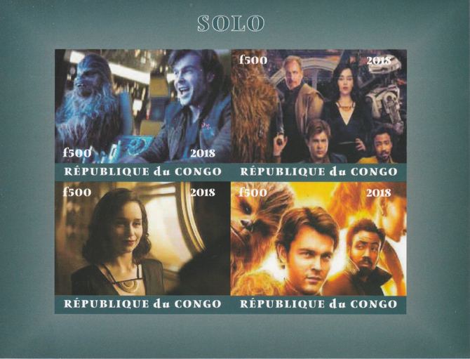 Congo 2018 Star Wars - Solo imperf sheetlet containing 4 values unmounted mint. Note this item is privately produced and is offered purely on its thematic appeal., stamps on star trek, stamps on films, stamps on cunema, stamps on  tv , stamps on sci-fi, stamps on space