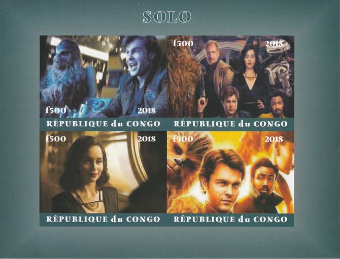 Congo 2018 Star Wars - Solo imperf sheetlet containing 4 values unmounted mint. Note this item is privately produced and is offered purely on its thematic appeal., stamps on , stamps on  stamps on star trek, stamps on  stamps on films, stamps on  stamps on cunema, stamps on  stamps on  tv , stamps on  stamps on sci-fi, stamps on  stamps on space