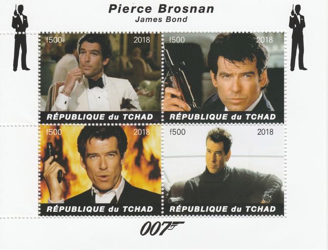 Chad 2018 James Bond - Pierce Brosnan perf sheetlet containing 4 values unmounted mint. Note this item is privately produced and is offered purely on its thematic appeal,..., stamps on films, stamps on cunema, stamps on  tv , stamps on movies, stamps on  spy .james bond