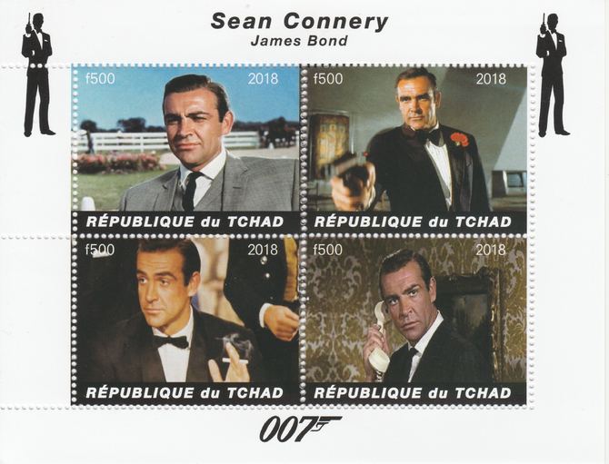 Chad 2018 James Bond - Sean Connery perf sheetlet containing 4 values unmounted mint. Note this item is privately produced and is offered purely on its thematic appeal, it has no postal validity, stamps on films, stamps on cunema, stamps on  tv , stamps on movies, stamps on  spy .james bond