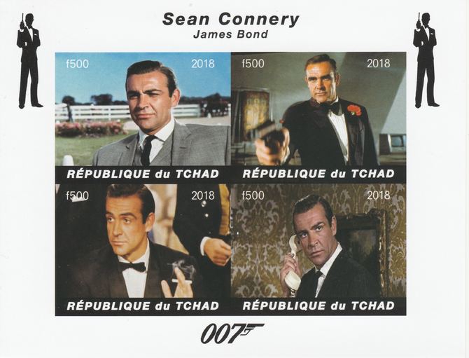 Chad 2018 James Bond - Sean Connery imperf sheetlet containing 4 values unmounted mint. Note this item is privately produced and is offered purely on its thematic appeal,..., stamps on films, stamps on cunema, stamps on  tv , stamps on movies, stamps on  spy .james bond