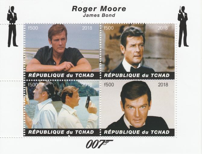 Chad 2018 James Bond - Roger Moore perf sheetlet containing 4 values unmounted mint. Note this item is privately produced and is offered purely on its thematic appeal, it has no postal validity, stamps on , stamps on  stamps on films, stamps on  stamps on cunema, stamps on  stamps on  tv , stamps on  stamps on movies, stamps on  stamps on  spy .james bond