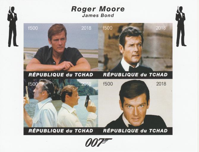 Chad 2018 James Bond - Roger Moore imperf sheetlet containing 4 values unmounted mint. Note this item is privately produced and is offered purely on its thematic appeal, it has no postal validity, stamps on , stamps on  stamps on films, stamps on  stamps on cunema, stamps on  stamps on  tv , stamps on  stamps on movies, stamps on  stamps on  spy .james bond