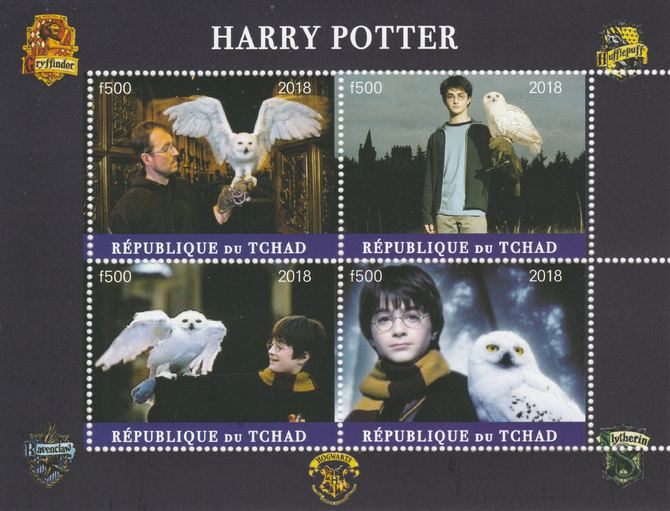 Chad 2018 Harry Potter #1 perf sheetlet containing 4 values unmounted mint. Note this item is privately produced and is offered purely on its thematic appeal, it has no p..., stamps on films, stamps on cunema, stamps on  tv , stamps on movies, stamps on harry potter, stamps on owls