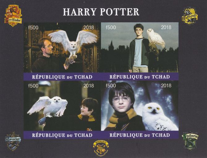 Chad 2018 Harry Potter #1 imperf sheetlet containing 4 values unmounted mint. Note this item is privately produced and is offered purely on its thematic appeal, it has no postal validity, stamps on films, stamps on cunema, stamps on  tv , stamps on movies, stamps on harry potter, stamps on owls