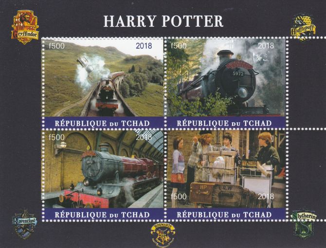 Chad 2018 Harry Potter #2 perf sheetlet containing 4 values unmounted mint. Note this item is privately produced and is offered purely on its thematic appeal, it has no postal validity, stamps on , stamps on  stamps on films, stamps on  stamps on cunema, stamps on  stamps on  tv , stamps on  stamps on movies, stamps on  stamps on harry potter, stamps on  stamps on railways