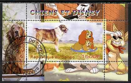 Congo 2009 Disney Dogs #1 perf m/sheet fine cto used, stamps on disney, stamps on cartoons, stamps on films, stamps on cinema, stamps on movies, stamps on dogs