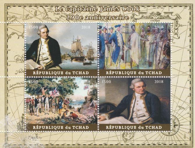 Chad 2018 290th Birth Anniversary of James Cook perf sheetlet containing 4 values unmounted mint. Note this item is privately produced and is offered purely on its thematic appeal, it has no postal validity