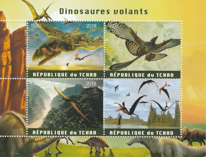 Chad 2018 Flying Dinosaurs perf sheetlet containing 4 values unmounted mint. Note this item is privately produced and is offered purely on its thematic appeal, it has no ..., stamps on dinosaurs