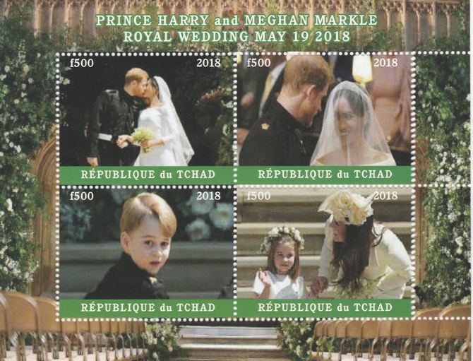 Chad 2018 Royal Wedding #1 Harry & Meghan perf sheetlet containing 4 values unmounted mint. Note this item is privately produced and is offered purely on its thematic appeal, it has no postal validity, stamps on royalty, stamps on harry, stamps on meghan