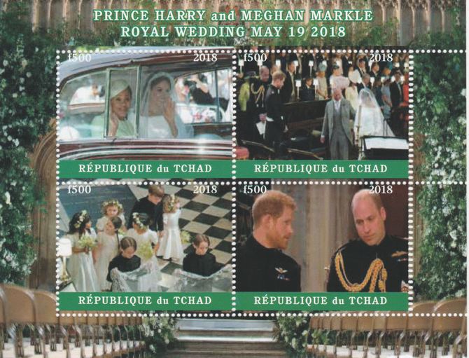 Chad 2018 Royal Wedding #2 Harry & Meghan perf sheetlet containing 4 values unmounted mint. Note this item is privately produced and is offered purely on its thematic appeal, it has no postal validity, stamps on royalty, stamps on harry, stamps on meghan