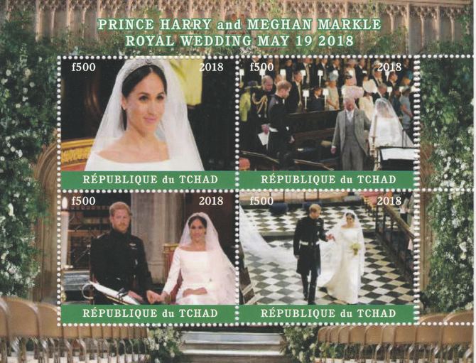 Chad 2018 Royal Wedding #4 Harry & Meghan perf sheetlet containing 4 values unmounted mint. Note this item is privately produced and is offered purely on its thematic appeal, it has no postal validity, stamps on , stamps on  stamps on royalty, stamps on  stamps on harry, stamps on  stamps on meghan