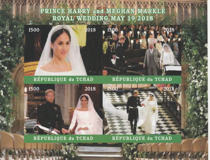 Chad 2018 Royal Wedding #4 Harry & Meghan imperf sheetlet containing 4 values unmounted mint. Note this item is privately produced and is offered purely on its thematic appeal, it has no postal validity, stamps on , stamps on  stamps on royalty, stamps on  stamps on harry, stamps on  stamps on meghan