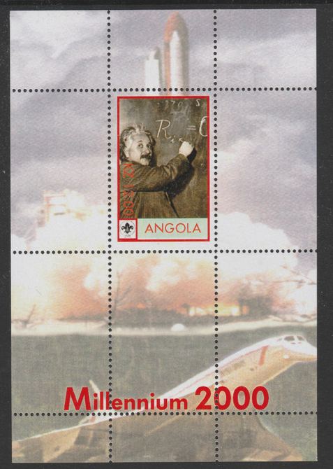 Angola 2000 Millennium 2000 - Einstein perf s/sheet (background shows Shuttle, Concorde & Scout Logo) unmounted mint with title at bottom, from alimited printing, stamps on , stamps on  stamps on personalities, stamps on  stamps on einstein, stamps on  stamps on science, stamps on  stamps on physics, stamps on  stamps on aviation, stamps on  stamps on concorde, stamps on  stamps on shuttle, stamps on  stamps on space, stamps on  stamps on personalities, stamps on  stamps on einstein, stamps on  stamps on science, stamps on  stamps on physics, stamps on  stamps on nobel, stamps on  stamps on maths, stamps on  stamps on space, stamps on  stamps on judaica, stamps on  stamps on atomics, stamps on  stamps on scouts