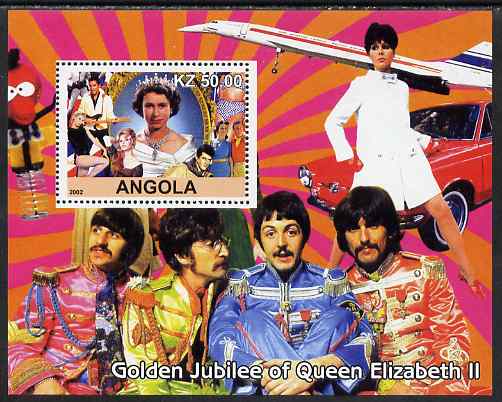 Angola 2002 Golden Jubilee of Queen Elizabeth II #1 perf s/sheet unmounted mint. Note this item is privately produced and is offered purely on its thematic appeal, stamps on , stamps on  stamps on royalty, stamps on  stamps on concorde, stamps on  stamps on aviation, stamps on  stamps on beatles, stamps on  stamps on pops, stamps on  stamps on rock, stamps on  stamps on elvis, stamps on  stamps on 