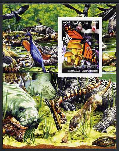 Somalia 2002 Butterflies, Orchids & Fungi #1 imperf m/sheet with Scout Logo & various animals in background, unmounted mint, stamps on butterflies, stamps on orchids, stamps on fungi, stamps on scouts, stamps on crocodiles, stamps on reptiles, stamps on snakes, stamps on turtles