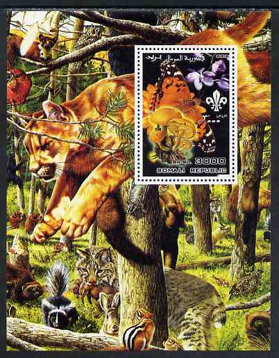 Somalia 2002 Butterflies, Orchids & Fungi #3 perf m/sheet with Scout Logo & various animals in background, unmounted mint. Note this item is privately produced and is offered purely on its thematic appeal, stamps on , stamps on  stamps on butterflies, stamps on  stamps on orchids, stamps on  stamps on fungi, stamps on  stamps on scouts, stamps on  stamps on crocodiles, stamps on  stamps on cats, stamps on  stamps on 