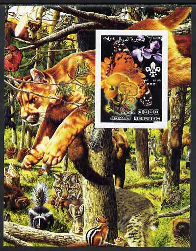 Somalia 2002 Butterflies, Orchids & Fungi #3 imperf m/sheet with Scout Logo & various animals in background, unmounted mint, stamps on , stamps on  stamps on butterflies, stamps on  stamps on orchids, stamps on  stamps on fungi, stamps on  stamps on scouts, stamps on  stamps on crocodiles, stamps on  stamps on cats, stamps on  stamps on 