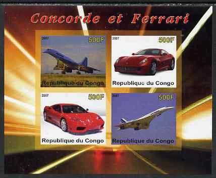 Congo 2007 Concorde & Ferrari imperf sheetlet containing 4 values unmounted mint. Note this item is privately produced and is offered purely on its thematic appeal, stamps on , stamps on  stamps on racing cars, stamps on  stamps on cars, stamps on  stamps on ferrari, stamps on  stamps on aviation, stamps on  stamps on concorde