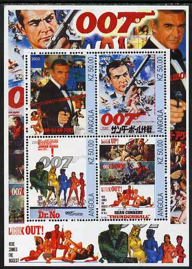 Angola 2002 James Bond (Sean Connery) Movie Posters perf sheetlet containing 4 values unmounted mint. Note this item is privately produced and is offered purely on its th..., stamps on movies, stamps on films, stamps on  spy , stamps on cinena, stamps on scots, stamps on scotland