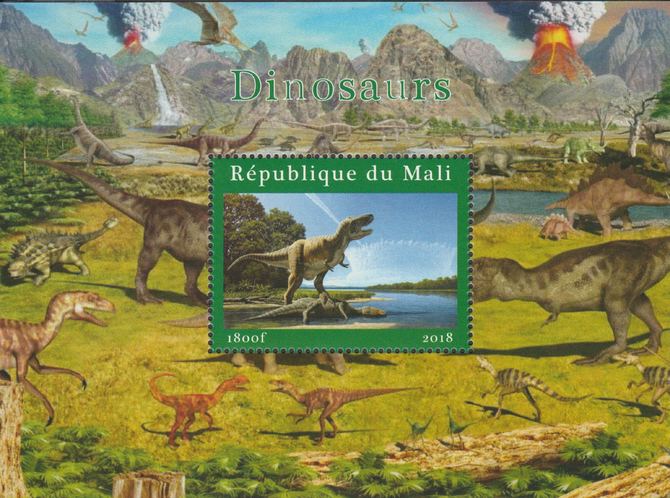 Mali 2018 Dinosaurs #2 perf souvenir sheet unmounted mint. Note this item is privately produced and is offered purely on its thematic appeal. , stamps on , stamps on  stamps on dinosaurs