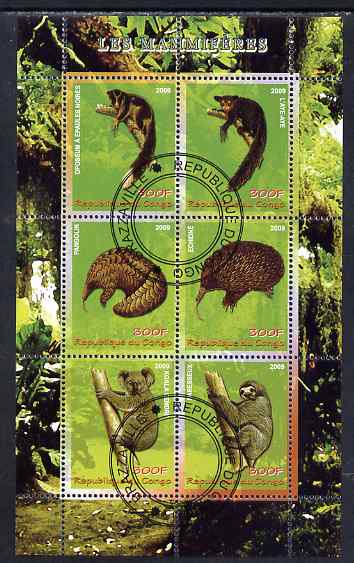 Congo 2009 Mammals perf sheetlet containing 6 values fine cto used, stamps on , stamps on  stamps on animals, stamps on  stamps on mammals, stamps on  stamps on bears, stamps on  stamps on koalas, stamps on  stamps on 