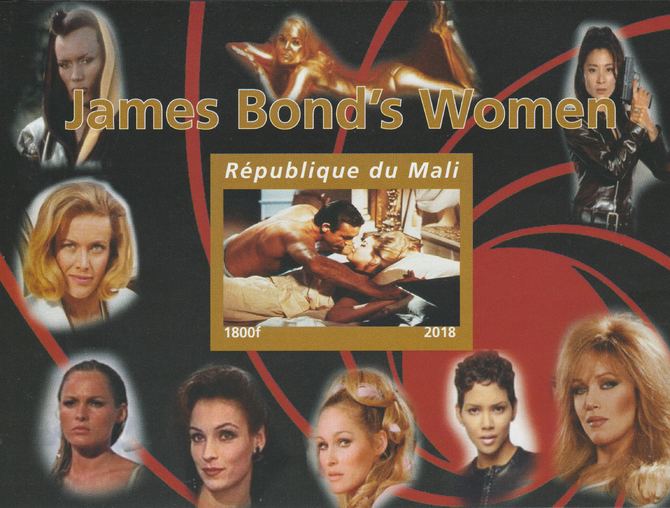 Mali 2018 James Bond's Women imperf souvenir sheet unmounted mint. Note this item is privately produced and is offered purely on its thematic appeal. , stamps on , stamps on  stamps on films, stamps on  stamps on movies, stamps on  stamps on cinema, stamps on  stamps on james bond, stamps on  stamps on women