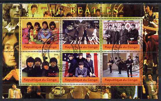 Congo 2009 The Beatles perf sheetlet containing 6 values fine cto used, stamps on personalities, stamps on music, stamps on pops, stamps on rock, stamps on beatles, stamps on  vw , stamps on 