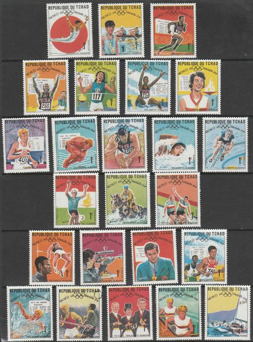 Chad 1969 World Solidarity - Mexico Olympic Gold Medal Winners complete set of 24 unmounted mint SG 243-66, stamps on olympics, stamps on sport