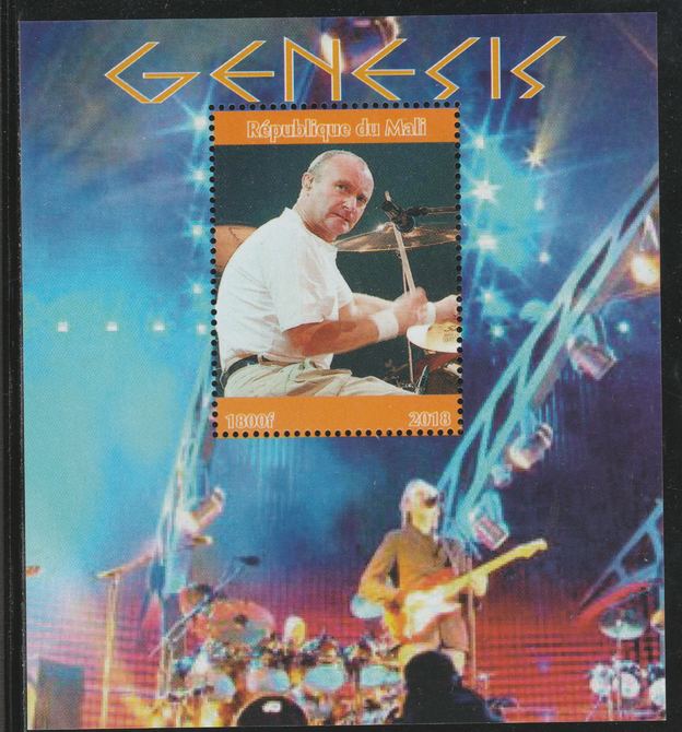 Mali 2018 Genesis perf souvenir sheet unmounted mint. Note this item is privately produced and is offered purely on its thematic appeal. , stamps on music, stamps on rock, stamps on pops, stamps on genesis