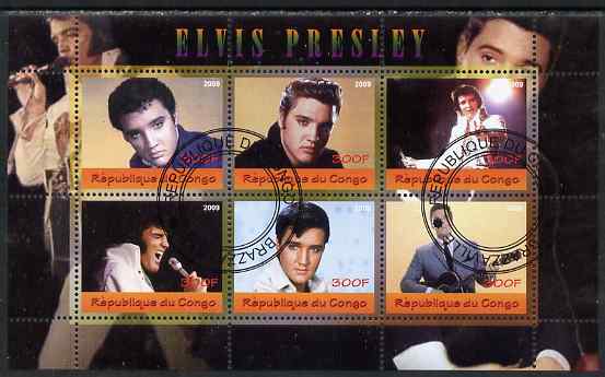 Congo 2009 Elvis Presley perf sheetlet containing 6 values fine cto used, stamps on , stamps on  stamps on personalities, stamps on  stamps on music, stamps on  stamps on pops, stamps on  stamps on rock, stamps on  stamps on elvis, stamps on  stamps on movies, stamps on  stamps on films, stamps on  stamps on cinema