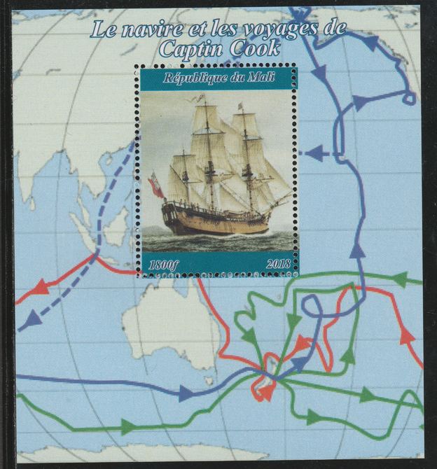 Mali 2018 Voyages of Captain Cook perf souvenir sheet unmounted mint. Note this item is privately produced and is offered purely on its thematic appeal. , stamps on maps, stamps on ships, stamps on explorers, stamps on cook, stamps on 