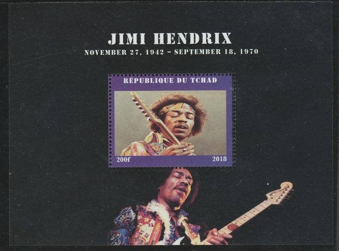 Chad 2018 Jimi Hendrix perf souvenir sheet unmounted mint. Note this item is privately produced and is offered purely on its thematic appeal. , stamps on music, stamps on pops, stamps on rock, stamps on hendrix