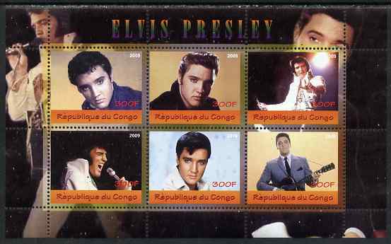 Congo 2009 Elvis Presley perf sheetlet containing 6 values unmounted mint, stamps on , stamps on  stamps on personalities, stamps on  stamps on music, stamps on  stamps on pops, stamps on  stamps on rock, stamps on  stamps on elvis, stamps on  stamps on movies, stamps on  stamps on films, stamps on  stamps on cinema
