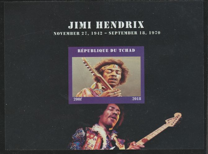 Chad 2018 Jimi Hendrix imperf souvenir sheet unmounted mint. Note this item is privately produced and is offered purely on its thematic appeal. , stamps on music, stamps on pops, stamps on rock, stamps on hendrix