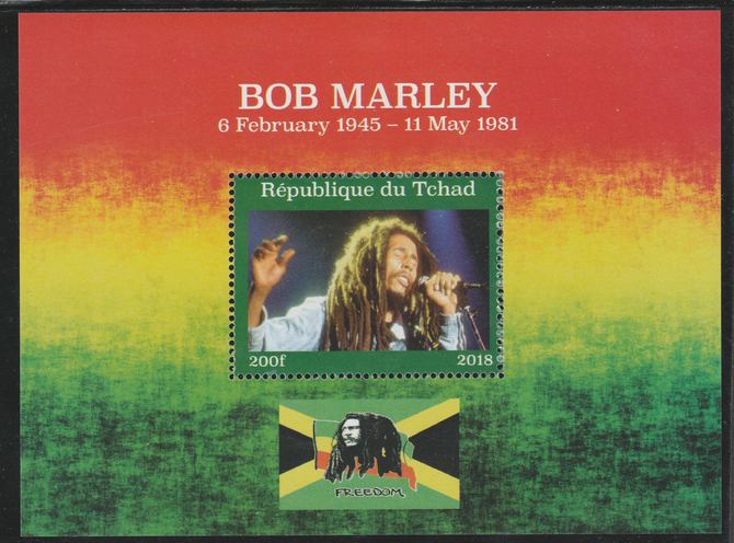 Chad 2018 Bob Marley perf souvenir sheet unmounted mint. Note this item is privately produced and is offered purely on its thematic appeal. , stamps on music, stamps on pops, stamps on rock, stamps on bob marley
