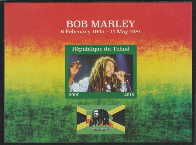 Chad 2018 Bob Marley imperf souvenir sheet unmounted mint. Note this item is privately produced and is offered purely on its thematic appeal. , stamps on , stamps on  stamps on music, stamps on  stamps on pops, stamps on  stamps on rock, stamps on  stamps on bob marley