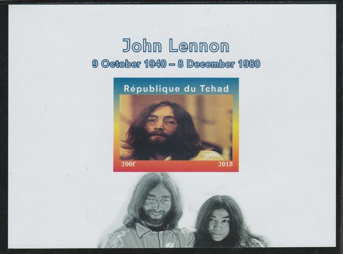 Chad 2018 John Lennon imperf souvenir sheet unmounted mint. Note this item is privately produced and is offered purely on its thematic appeal. , stamps on , stamps on  stamps on music, stamps on  stamps on pops, stamps on  stamps on rock, stamps on  stamps on lennon