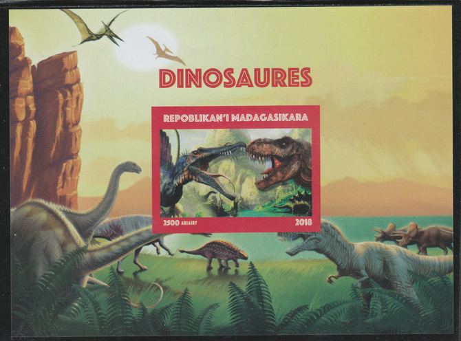 Madagascar 2018 Dinosaurs imperf souvenir sheet unmounted mint. Note this item is privately produced and is offered purely on its thematic appeal. , stamps on dinosaurs