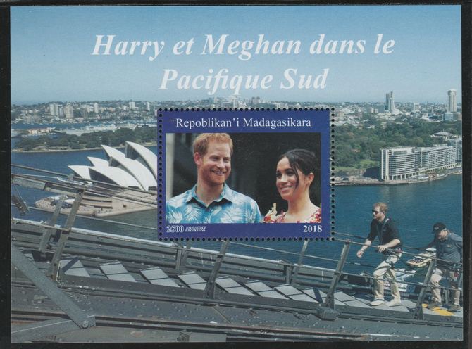 Madagascar 2018 Harry & Meghan South Pacific Tour perf souvenir sheet unmounted mint. Note this item is privately produced and is offered purely on its thematic appeal. , stamps on royalty, stamps on harry, stamps on meghan, stamps on opera, stamps on bridges