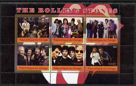 Congo 2009 The Rolling Stones perf sheetlet containing 6 values unmounted mint, stamps on personalities, stamps on music, stamps on pops, stamps on rock, stamps on stones